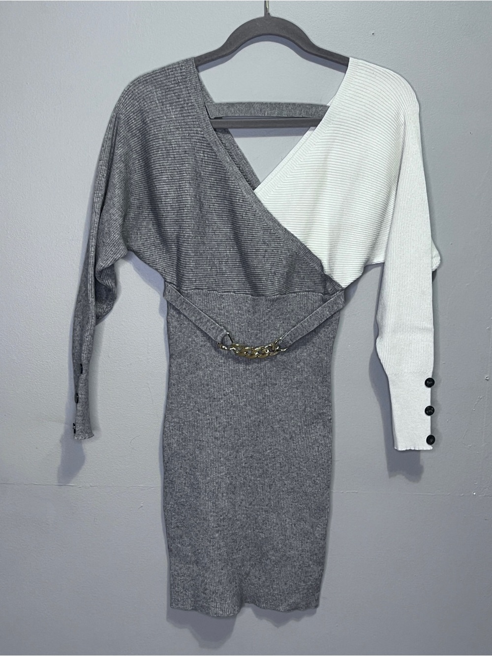 Gray & White Colorblock Long Sleeve Wrap Knit Dress Size Small